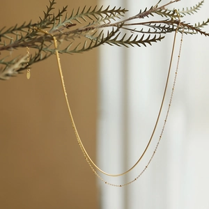 Double-layer 18K gold-plated snake and satellite bead chain necklace on a branch