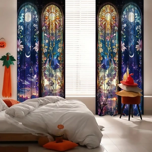 Artistic sun and moon celestial blackout curtains featuring colorful stained glass floral patterns