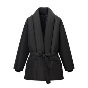 Women's black longline padded coat with waist tie and lapel collar in a relaxed fit