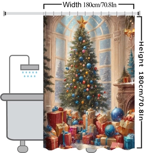 Detailed Christmas tree and gift boxes pattern on waterproof 180x180cm polyester shower curtain