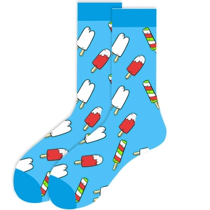 Close-up of blue crew socks featuring colorful cartoon ice cream and popsicle patterns