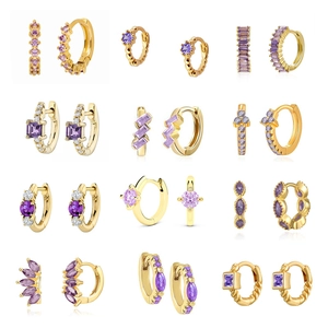 Huggie Hoop Earrings Purple Zirconia Inlaid With 925 Sterling Silver Earring Post Gold Plated Copper Fashion Jewelry
