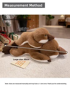 Size chart for brown platypus plush toy showing lengths of 55cm and 80cm from beak to tail