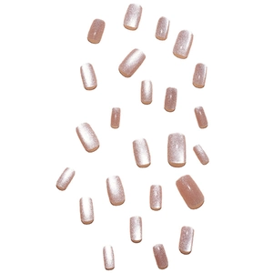 Pink gradient cat eye press-on nails with shimmering glitter and aurora finish