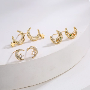 Moon Stud Earrings Gold Plated Copper Micro Pave Zircon Dainty Star Celestial Accessory For Women Elegant Minimalist
