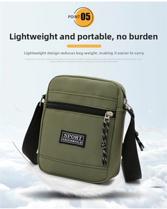 Close-up of lightweight army green nylon shoulder bag with sporty zipper and tag detail