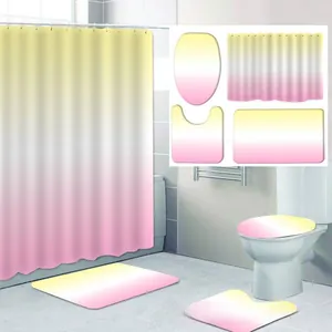 Modernes Badezimmerset mit gelb-rosa Farbverlauf Duschvorhang und rutschfesten Matten