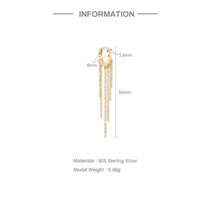 Detail showing S925 sterling silver hoop earrings with a 50mm long tassel chain detail