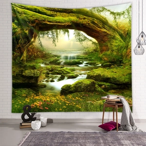 Detail of high-definition nature tapestry showing lush forest arch and a flowing stream