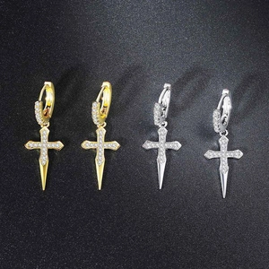 Sparkling zircon hoop earrings with cross pendants in gold and silver finishes