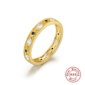Detail of S925 silver ring with marquise white zircon and black gemstone accents