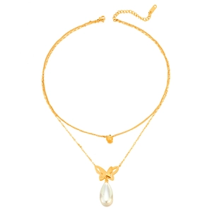 Double-layered 14K gold plated necklace with butterfly pendant and waterdrop pearl charm