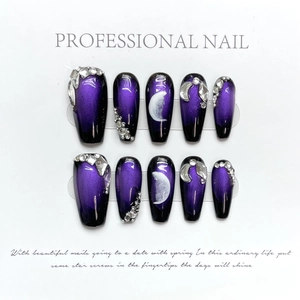 Faux Ongles Press On Fait Main Dégradé Violet Noir Effet Oeil De Chat Strass Lune Étoile Forme Cercueil Pour Femmes