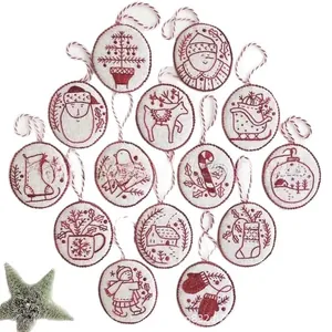Set of 14 handmade embroidered Christmas ornaments with red holiday patterns and hanging cords