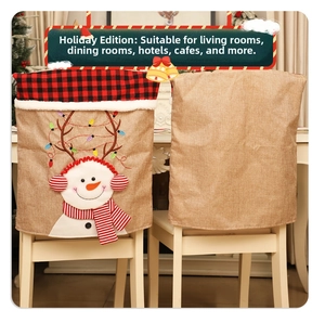 Detail of burlap Christmas chair cover featuring snowman with plaid trim and plush fur