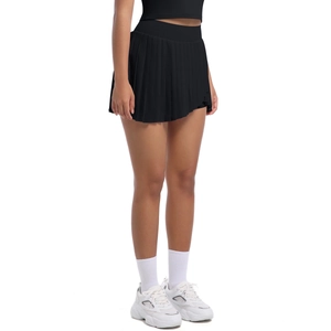 Detailed side view of black pleated tennis skirt featuring a high waist and quick-dry fabric