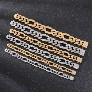 Iced out hip hop Cuban link bracelets in gold and silver finish with rhinestone inlay