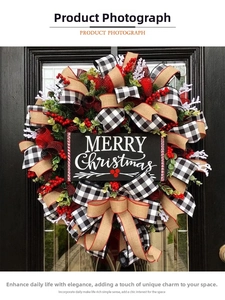 Close-up of Merry Christmas wooden sign on a wreath with red berries and plaid ribbons