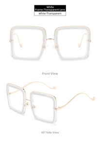Detail view of square white transparent frames with silver glitter and gold metal temples