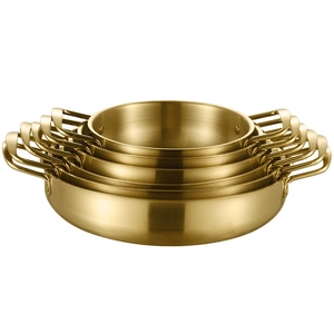 Golden stainless steel flat-bottomed seafood pan set with dual handles in four sizes