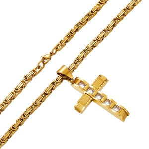 Detailansicht eines goldenen Edelstahl-Kreuzanhängers mit Zirkonia an einer Byzantiner Kette