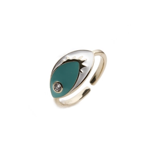 Detailed shot of gold plated evil eye ring with teal enamel and sparkling zircon stone