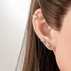 Leaf shaped silver screw back cartilage stud earrings with white pink and blue zircon
