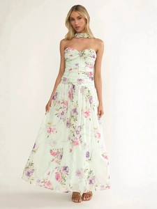 Floral ruffles square neck backless dress in mint green with matching neck accessory