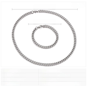 Detailed view of 7mm Cuban chain necklace and bracelet set with size specifications
