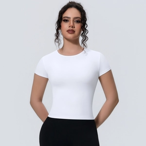 Detailed close-up of a white slim fit sports t-shirt with high elasticity and crew neck