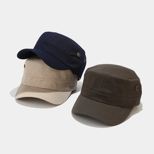 Classic cotton canvas flat top military hats in navy blue, beige, and dark coffee colors