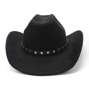 Detailed view of black suede cowboy hat featuring a leather band with silver metal rivets