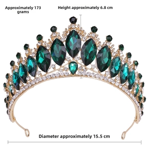 Detailed view of green crystal bridal crown with measurements 6.8cm height and 15.5cm diameter