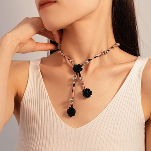 Collier Choker Fleur Rose Noire Pendentif Résine Cordon Imprimé Léopard Perles Alliage Gothique Vintage Bijoux Femmes