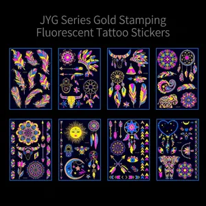 8-piece set of neon gold temporary tattoos with mandala, feather and bohemian designs