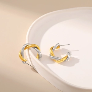 Hiphop two-tone twisted C-shape hoop earrings with gold and silver plated finish