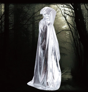 Detail of silver hooded cloak featuring a metallic sheen and long cut for Halloween costumes