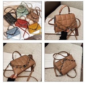 Detailed collage of quilted PU leather handbags with chain straps in multiple colors