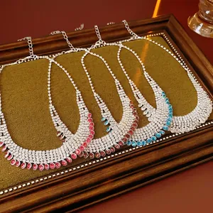 Rhinestone Fringe Tassel Necklace Copper Multi Row Luxury Statement For Wedding Party Women