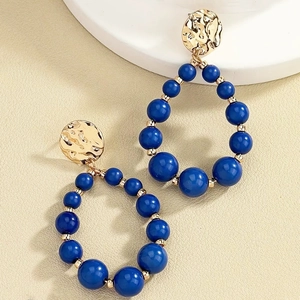 Retro luxury dark blue beads and hammered gold round stud earrings for women