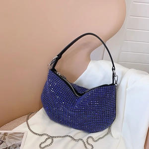 Blue rhinestone hobo underarm bag with silver chain and black leather strap