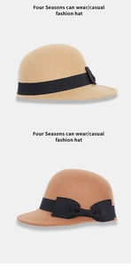 Detail of wool felt equestrian hat with black ribbon bow decoration in camel color