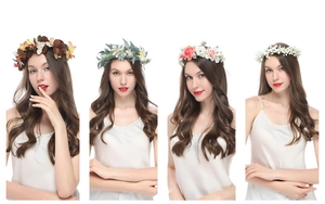 Baroque forehead headpiece showing four different styles and colors on a female model