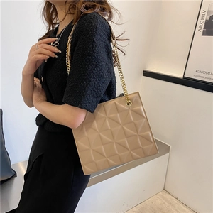 Chic beige geometric quilted tote bag with golden chain strap for modern women