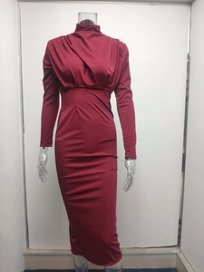 Detailed close-up of wine red long sleeve slim fit turtleneck dress on a mannequin