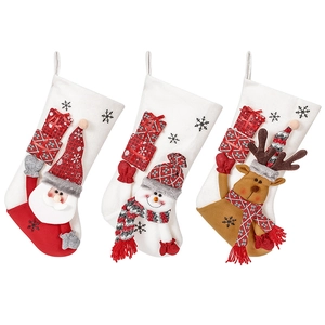 Three Christmas stockings with Santa, Snowman, and Reindeer 3D dolls and hanging loops