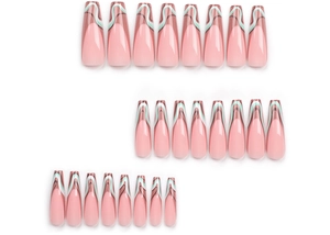 Flat lay of 24 pieces of long coffin press-on nails with mint green and brown wavy patterns