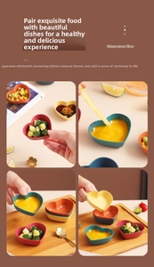 Macro detail of colorful heart-shaped sauce dishes made from eco-friendly wheat straw fiber