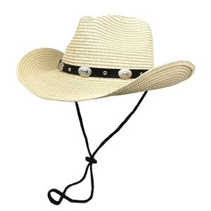 Klassischer Stroh-Cowboyhut mit schwarzem PU-Gürtel, Silberbeschlägen und verstellbarem Band
