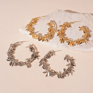 Wheat Ear Leaf Hoop Earrings Copper With Silver Earring Post European Style Nature Inspired Jewelry For Women